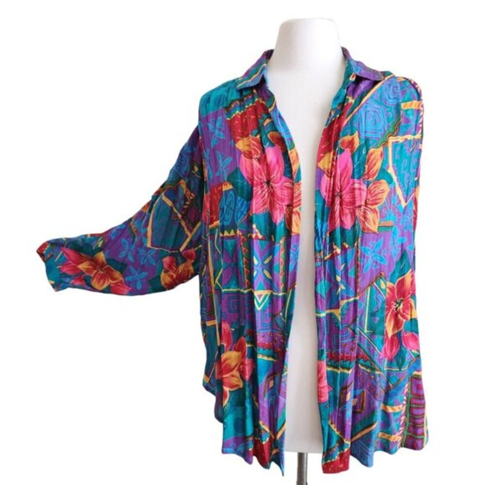 Vintage 80s 90s LOUD PRINT Fashions Batwing Shirt Jacket Floral Small Bechamel